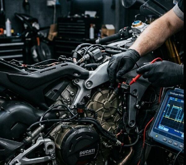 Técnico usando osciloscopio en una motocicleta Ducati