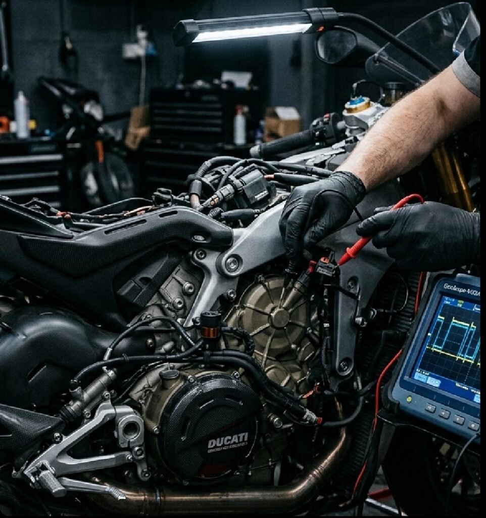Técnico usando osciloscopio en una motocicleta Ducati